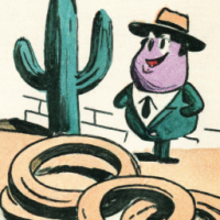 A cactus sitting next to onion rings in a farm, 1960s Cartoon