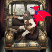 Super Mario dressed as a medieval knight riding a pterodactyl in the back of a bus, Baroque painting